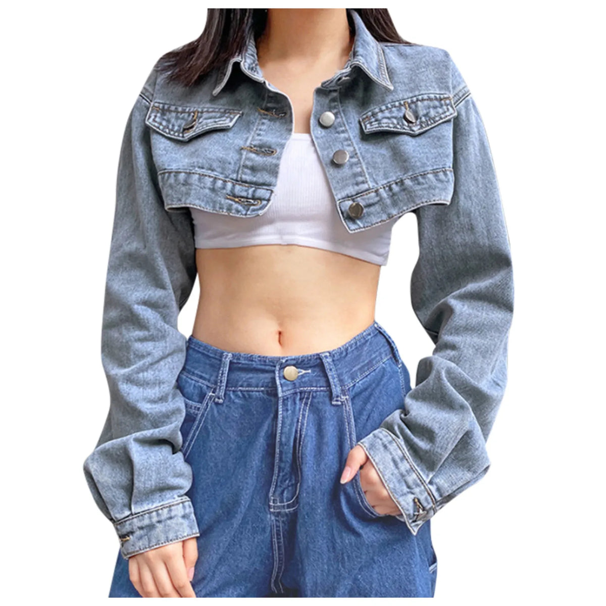 Jaqueta Feminina Jeans Casual Cropped Bomber