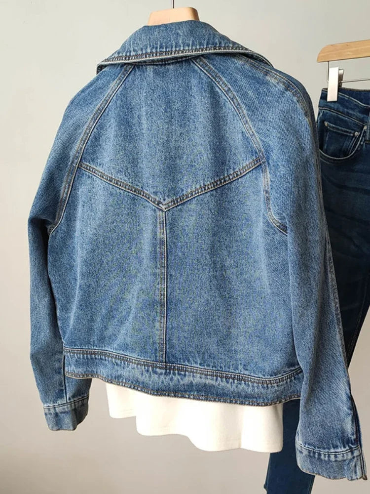 Jaqueta Feminina Jeans Taylor Gola Clássica em V Vintage