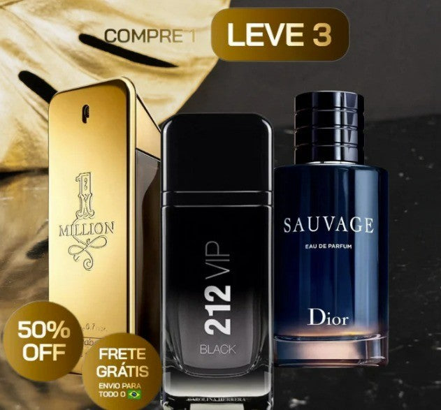 KIT 3 Perfumes Masculinos Importados (100 ml cada) - 212 Vip Black | Sauvage Dior | One Milion - CDM