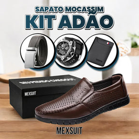 Kit Sapato Mocassim de Couro Adão - Ventilação Extraordinária! + 3 BRINDES: Relógio, Cinto e Carteira - Coisa de Outro Mundo