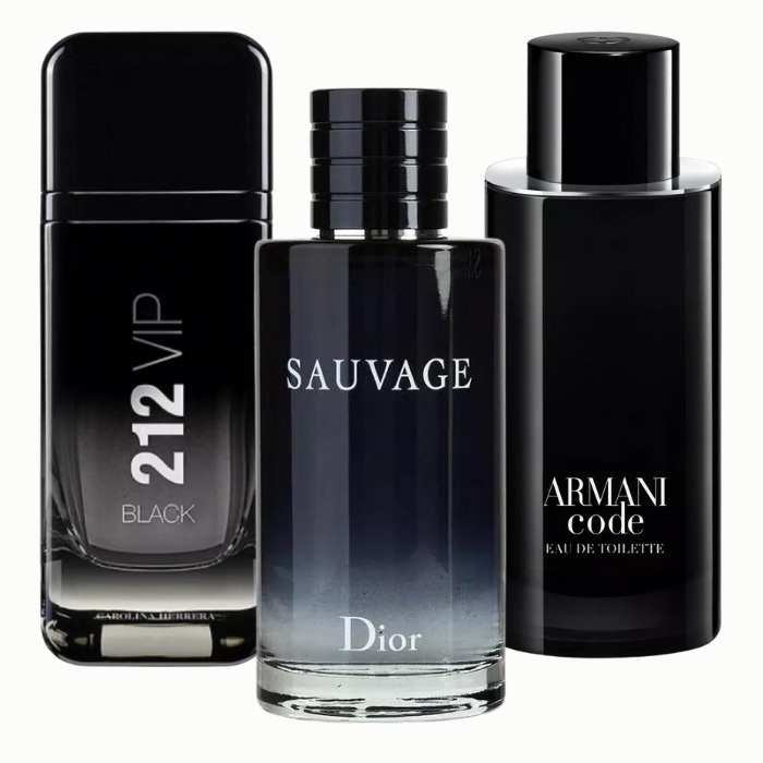 KIT 3 Perfumes Masculinos - 212 Vip Black e Armani Code e Sauvage Dior 100 ml cada - CDM