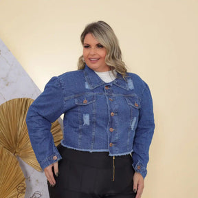 Jaqueta Feminina Cropped Jeans Plus Size Desfiada  Moda Despojada Outro Mundo