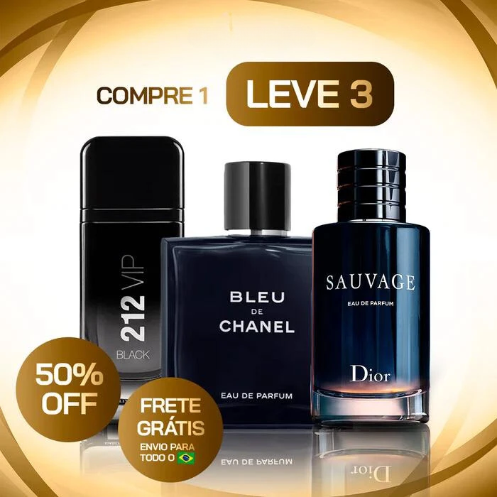 KIT 3 Perfumes Masculinos Importados (100ml cada) - Sauvage Dior | Bleu de Chanel | 212 Vip Black - CDM